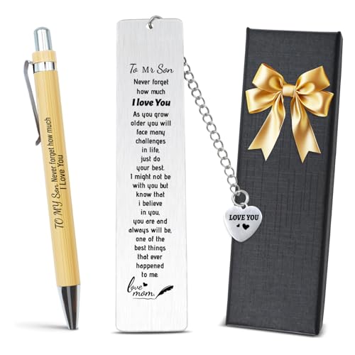 To My Son Inspirational Bookmarks - Mom's Metal Bookmark & Motivational Pen - Adult, Graduation, Birthday Gifts for Book Lovers & Readers