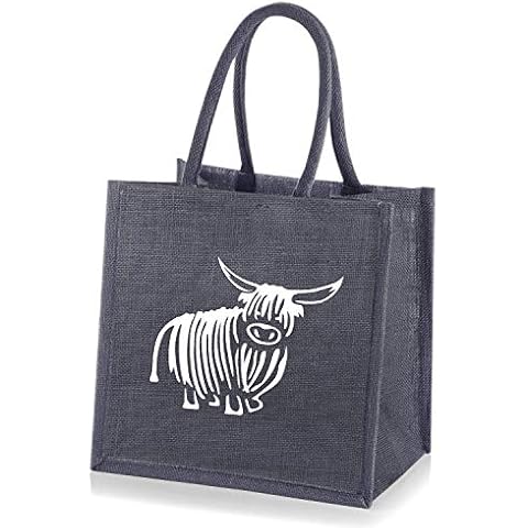 Medium Jute Grey Shopping Bag with Highland Cow Print - 30 cm high x 30 cm Wide x 23 cm Depth Cover