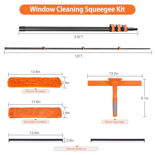 Image of Window Squeegee with Carbon Fiber Extension Pole for Home, 3.5 to 12Ft Window Cleaning Kit Tool Outdoor, Lightweight Professional Window Washing Kit with Rotatable Head & 2 Scrubbers, 2 in 1