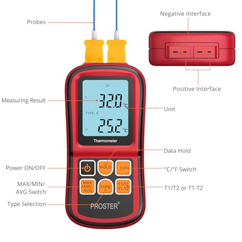 Proster Digital Thermometer Dual Channel - K-Type Thermocouple Temperature Meter -50℃~1300℃ with 2 thermocouples Probe, LED Backlight & Hold Data for HVAC, Pool, Pottery & Industrial Use