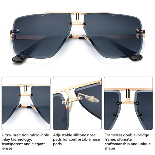 Image of Rimless Oversized Square Sunglasses for Men Trendy Fashion Big Shades Tinted Lens Gold Metal Frameless Glasses UV400
