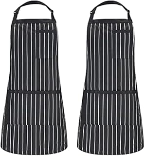 2 Pack Stripe Bib Apron, Adjustable Apron with 3 Pockets, Kitchen Aprons for Men Women, Cooking Aprons for Chef BBQ Painting Gardening Baking Restaurant