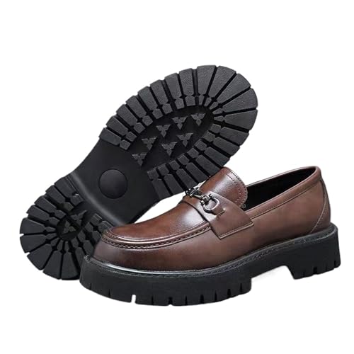 Image of XENTORD Men's Patent Leather Platform Loafers Comfort Non-Slip Lug Sole Slip-On Dress Shoes with Metal Horsebit Detail for Business Office & Casual