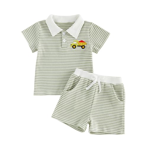 Yojeasrio Toddler Baby Boy Summer Outfit Cute Waffle Excavator Embroidery Stripe Short Sleeve T-shirt 6 12 18 Months Shorts Set (Green Truck, 18-24 Months)