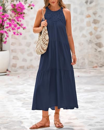 Image of BTFBM Halter Summer Dresses for Women 2026 Casual Spring Hollow Out Sleeveless Boho Sundresses Beach Vacation Maxi Dress