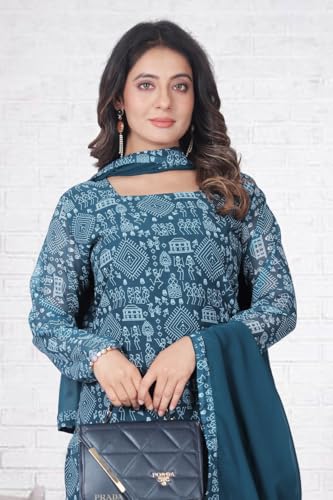 Image of Women's Printed Kurti with Georgette Dupatta, Full Inner Lining, Lightweight Ethnic Set