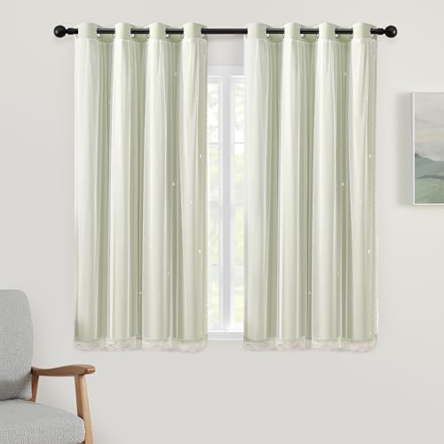 Image of XiDi Star Blackout Sage Green Curtains for Nursery Kid Girls Bedroom Living Room 2 Panels Double Layer Thermal Insulated Star Cut Out Wall Home Decor Grommet Short Window Curtains Kitchen 34x45