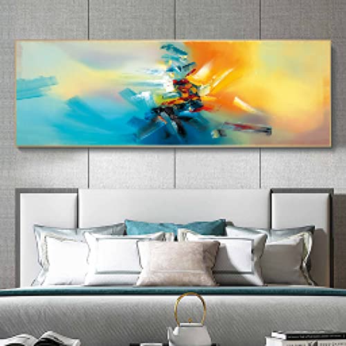 Tableau abstrait jaune et bleu pour décoration murale salon ou chambre adulte 50x150cm