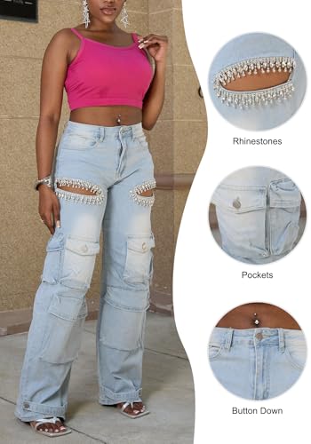 DINGANG Women's High Waisted Cargo Jeans Rhinestones Bling Stretchy Baggy Denim Pants with Flap Pockets4