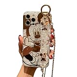 Filaco Cartoon Case for iPhone 15 Pro Max, Cute Golden Mickey Sparkle Bling Cover with Metal Chain Strap, Wrist Strap Kickstand Soft TPU Shockproof Protective for Women & Girls