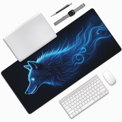 Tapis de souris de jeu grand format loup bleu, protège bureau PC - 7