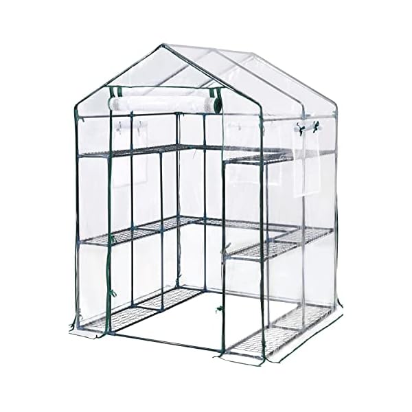 KING BIRD Upgraded Walk-in Greenhouse for Outdoors, Thickened PE Cover & Heavy Duty Powder-Coated Steel, w/ Zippered Mesh Door & Screen Windows, 14 Sturdy Shelves for Garden, 4.7 x 4.7 x 6.4 FT, Clear