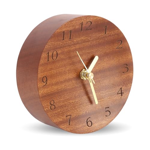 TEYCLZORE Wooden Desk Clock - 12cm Diameter Analog for Shelf and Table, Modern Silent Non-Ticking Battery Operated Mantel with Round Design for Office Home Decorative