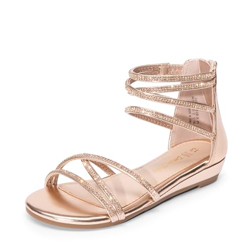 DREAM PAIRS Girls Ankle Strap Flat Sandals Summer Dressy Strappy Gladiator Rhinestones Platform Low Heels Shoes,Size 12 Little Kid,Champagne,SDSD2401K