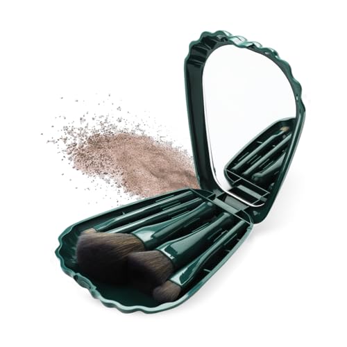 Image of Gleva Travel Size Mini Makeup Brushes Set with Mirror Small Complete Function Cosmetic 5 Pcs Brushes Kit Case Apply to Face Foundation Powder Concealers Eyebrow Eyeshadow (Green (Shell Shape))