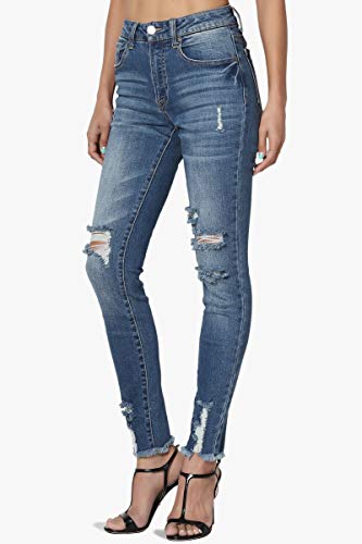 TheMogan Junior Vintage Distressed Washed Denim Mid/High Rise Rip Hem Skinny Jeans3