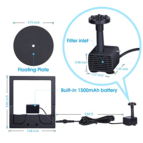 AISITIN Upgraded 6.5W Solar Floating Water Pump with 6 Fountain Styles for Garden, Bird Bath, Pond and Fish Container, Built-in 1500 mAh Battery - Image 3