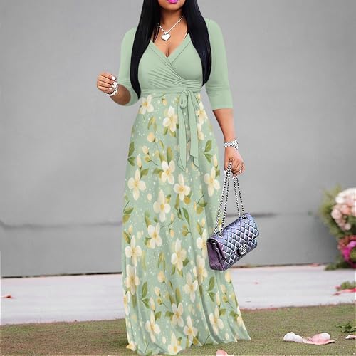 PinkPatty Summer Trendy Dress for Women Casual 3/4 Sleeve V Neck Printing Maxi Dress Elegant Wedding Guest Sundress with Belt4