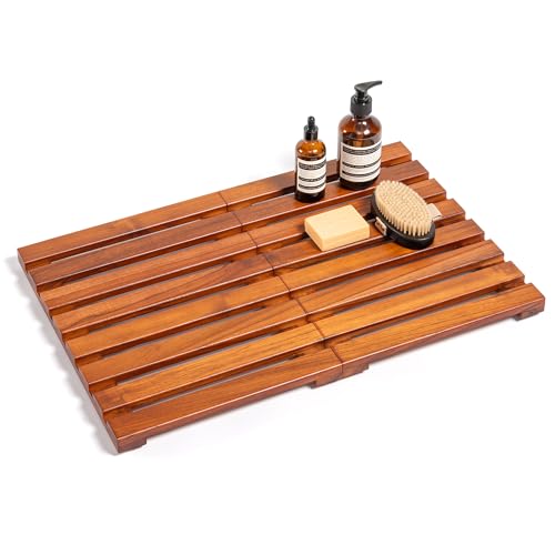 Realgulf Premium Teak Shower Mat - 24 x 16 Non-Slip Wooden Bath Mat for Bathroom Floor Fast-Drying Spa-Style Solid Wood Duckboard Indoor & Outdoor Use