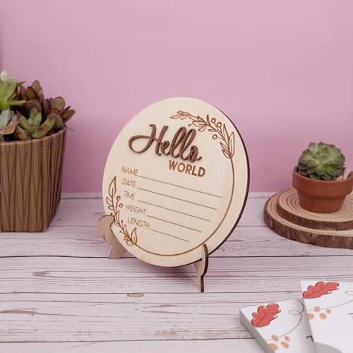 Image of Hello World Wooden Baby Birth Announcement Sign - Custom Baby Name Plaque with Leaf Design - 3D Lettering - Newborn Stats Board for Photo Prop or Nursery Decor