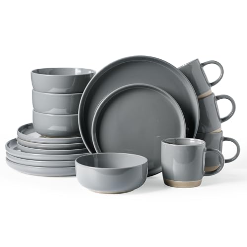 Image of Famiware Milkyway Stoneware Dinnerware Sets with Mugs, Service for 4 (16pcs), Plates and Bowls Sets, Scratch Resistant, Microwave and Dishwasher Safe Dishes Set, Dark Gray