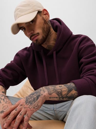 Image of The Souled Store Polar Fleece Pullover: Burgundy Men and Boys Long Sleeves Hooded Neck Solid Cotton Blend Oversized Hoodies