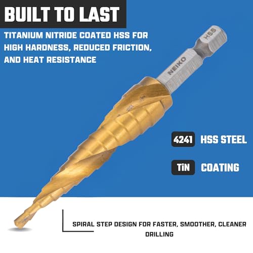Image of NEIKO 10602A Step Drill Bit, 13 Steps 1 /8 inch to 1 /2 inch Spiral High Speed Steel, Titanium Nitride Coated, 1 /4 inch Quick Change Step Bits for Steel, Metal, Wood, Plastic, Unibit Cone Drill Bits, Two Flute