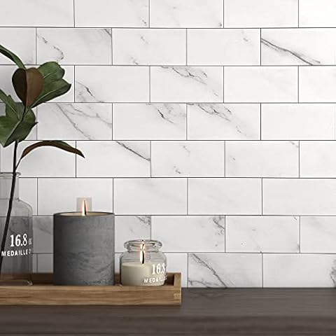 VAOVI Peel and Stick Stone Backsplash Tile for Stove Fireplace,Self Adhesive Splashback Tiles for Kitchen Wall Marble Tile Stickers Shower Peel and Stick Waterproof(White,10pcs) Cover