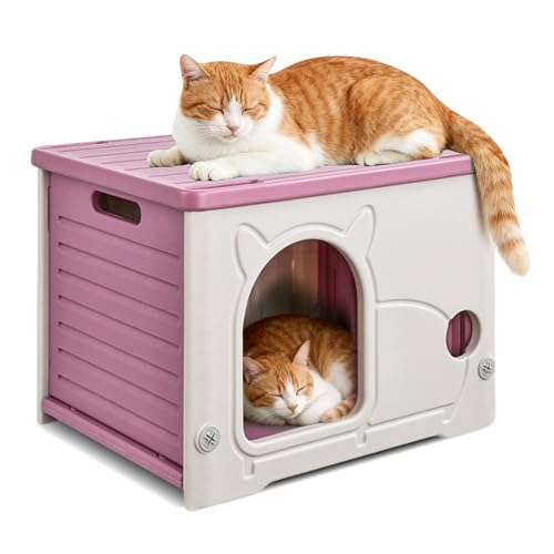 PETCUTE Casetta per Gatti in Plastica per Esterni,per Interni ed Esterni,Impilabile,Cuccia Cane Esterno,Isolata,Impermeabile,Rifugio Resistente all'Acqua,per Gatti Selvatici,Rosso Rosa