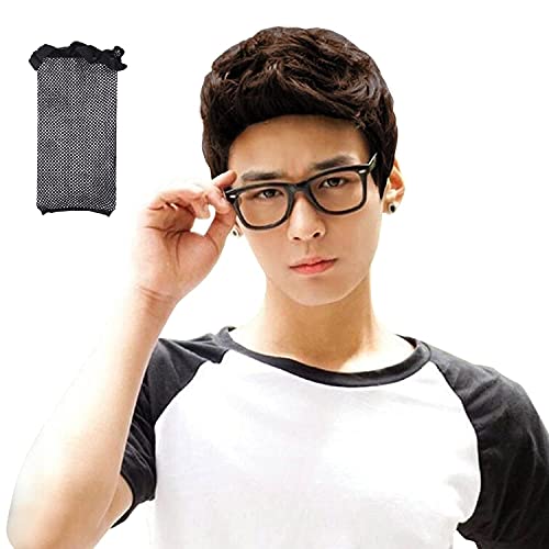 Acecharming Brown men wigs, Men Fashion Synthetic Quiff Hair Wigs For Daily Use with Cap