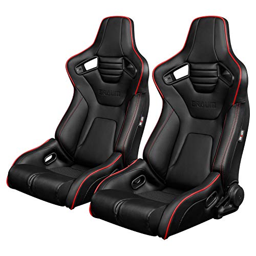BRAUM - Pair of Black Leatherette ELITE-R Series Racing Seats with Red Stitches And Piping (BRR1R-BKRP)