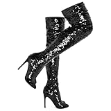 CAMSSOO Sparkle Over The Knee High Boots for Women Sequins Open Toe Fashion High Heels Thigh High Boots Party Dance