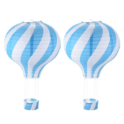 PATIKIL 14x12inch Paper Lanterns, 2Pcs Hot Air Balloon Hanging Decorative Lantern Wavy Stripes Design for Party Decorations Birthday Wedding Bridal Showers Decor Supplies, Light Blue