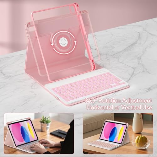 Image of YBING Keyboard Case for iPad A16(11th) 2025 & 10th Generation 10.9 inch 2022, 360 Rotating Cover (iPad Placed Horizontal or Vertical) with 7-Color Backlit Wireless Detachable Keyboard and Pencil Holder
