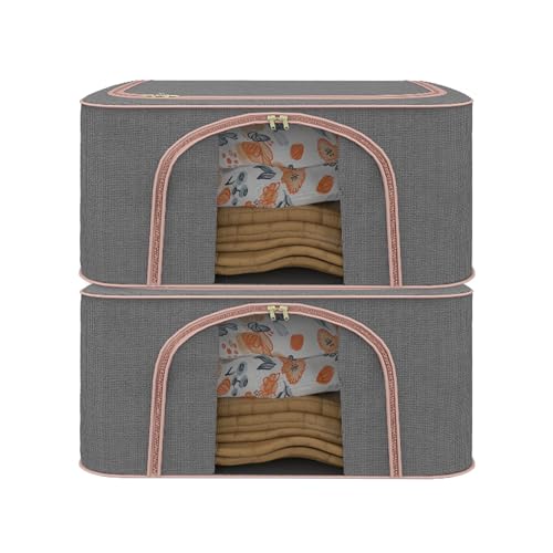 Image of Kuber Industries Pack of 2 Foldable 66 Liter Cloth Organizer for Storage with Steel Frames, Zip & Handles | See Through Saree Organiser for Wardrobe, Seasonal & Home Items | LJ-1-GRY | Grey