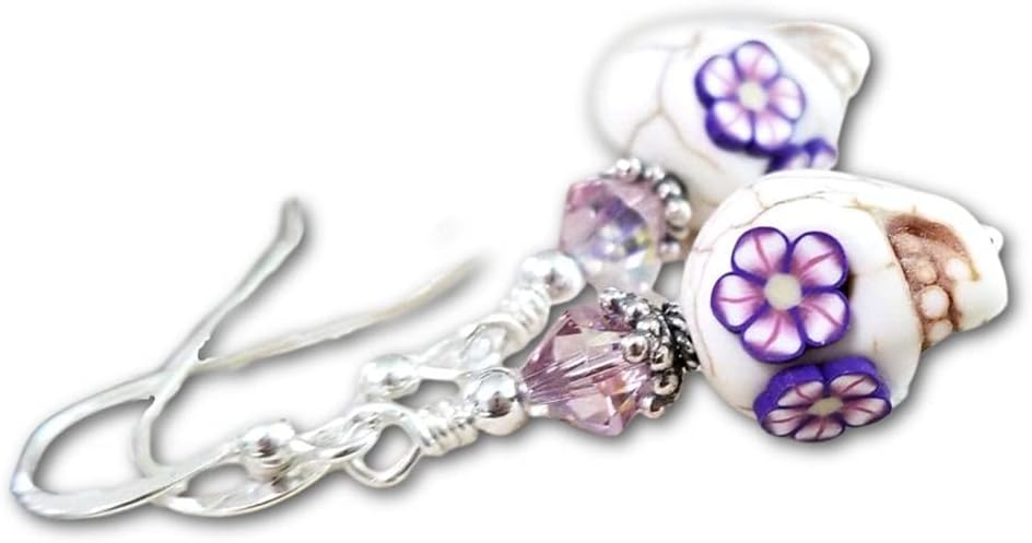 Sugar Skull Halloween Earrings Sterling Silver White with Violet Flower Eyes