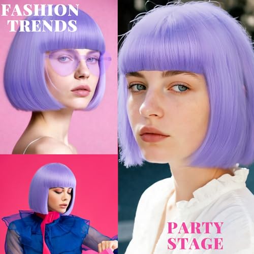 Image of LIULIUBTY Short Bob Hair Wigs Straight with Flat Bangs Synthetic Colorful Cosplay Daily Party Neon Wig for Women + Free Wig Cap 12 inch Natural As Real (Violet)