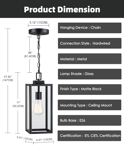 Faymart Lighting 17 Inch Outdoor Pendant Light,Front Porch Outdoor Pendant Light,Metal And Glass Outdoor Hanging Light Ceiling Mount Exterior Hanging Lantern For Front Porch Ceiling Light thumb #1