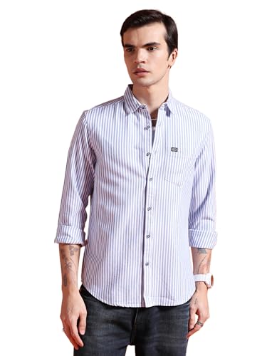 Image of The Indian Garage Co Men Slim Fit Striped Full Sleeves Cutaway Collar Casual Shirt