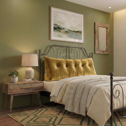 Image of Luxury Velvet Tufted Wedge Pillow with Side Pocket - Soft Headboard Back Support Cushion for Bed, Sofa & Floor Seating - Golden Color