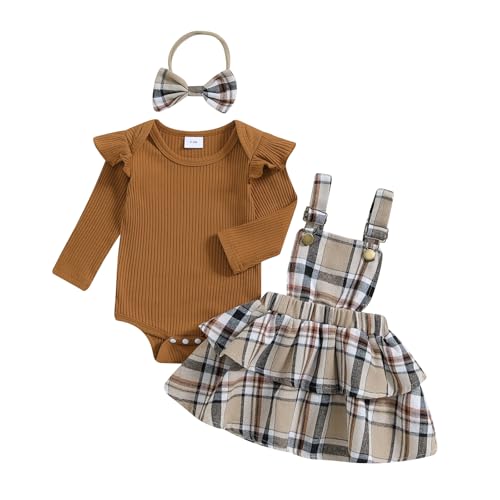 Image of MERSARIPHY Baby Girl Christmas Outfit Baby Romper Suspender Skirt Christmas Overall Dress Festival Set (Khaki, 6-12 Months)