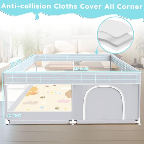 Image of Fshibila Baby Playpen with Mat, Baby Playard for Toddlers, Sturdy Safety Play Yard with Soft Breathable Mesh, Anti-Fall, 50 * 50 * 27 inches Grey