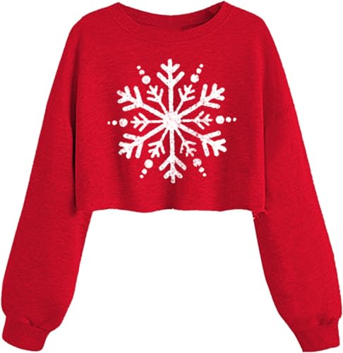 Nakater Women's Snowflake Christmas Graphic Crop Sweatshirt Funny Xmas Holiday Lantern Long Sleeve Pullover Tops(XL,02ARed)