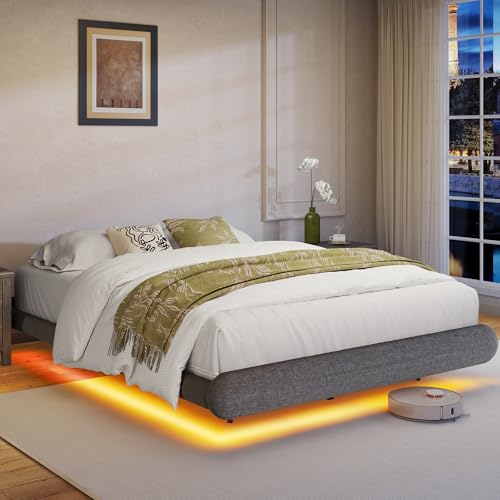 STHYTON Somier Flotante Extragrande con LED, Cabecero con Compartimento de Almacenaje y Base de Carga, Somier Tapizado, Estructura Metálica Resistente, Gris Oscuro (140 x 190 cm)