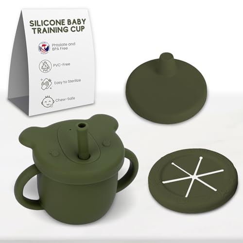 Image of elbebe Silicone Baby Training Cup - BPA-Free Versatile Cups for Babies w/ 3 Lids & Straw - Baby Sippy Cup with Straw, Baby Straw Cup, Silicone Cups for Baby, Baby Water Cup (Olive Cuddle, 250ml)