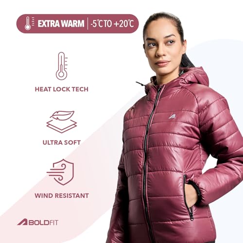 Image of Boldfit jacket for woman puffer winter jacket for woman standard length jackets for women stylish latest hooded winter wear jackets for women cozy jerkins for ladies