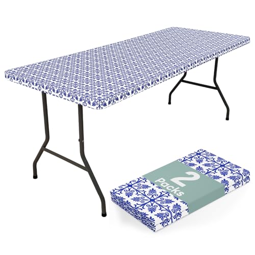misaya 2 Pack 8 Foot Rectangle Picnic Tablecloth, Elastic Fitted Waterproof Table Cover, Windproof Washable Polyester Table Cloth for Camping, Indoor and Outdoor (Blue, 30" x 96")
