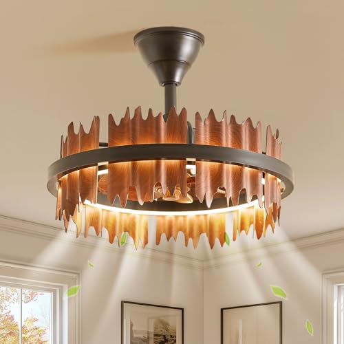 Image of 19.7 inch Rustic Caged Ceiling Fan with Light, Farmhouse Wood Fandelier Ceiling Fan, 6 Speed and Reversible, Dimmable LED Chandelier Fan with Charred Leaves for Bedroom, Kitchen, Living Room