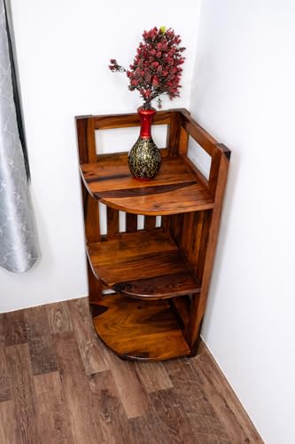 Image of Corner Display Shelf Storage | Wooden Storage Rack & Display Organizer | Solid Sheesham Wood Open Shelf for Living Room, Bedroom, Home & Office