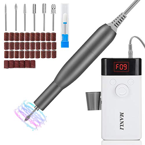 MANLI Torno para Uñas 30000rpm Profesional Portátil Acrilicas Inalambrico 35000rpm Recargable de Gel para Manicura y Pedicura con 6 brocas Recambios y Pantalla LCD para Salón y Hogar